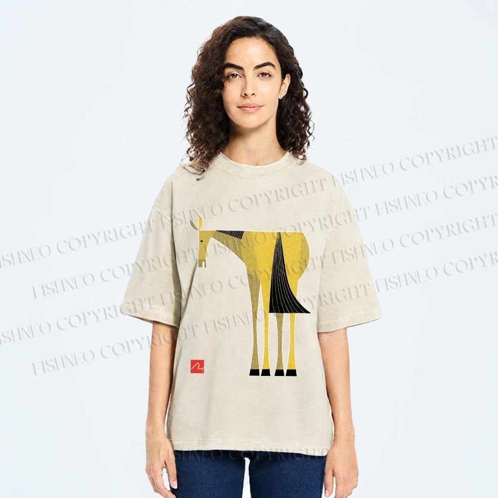Unisex Yellow Horse Printed Washed Tee