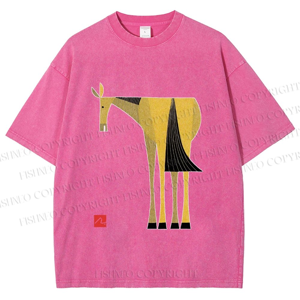 Unisex Yellow Horse Printed Washed Tee