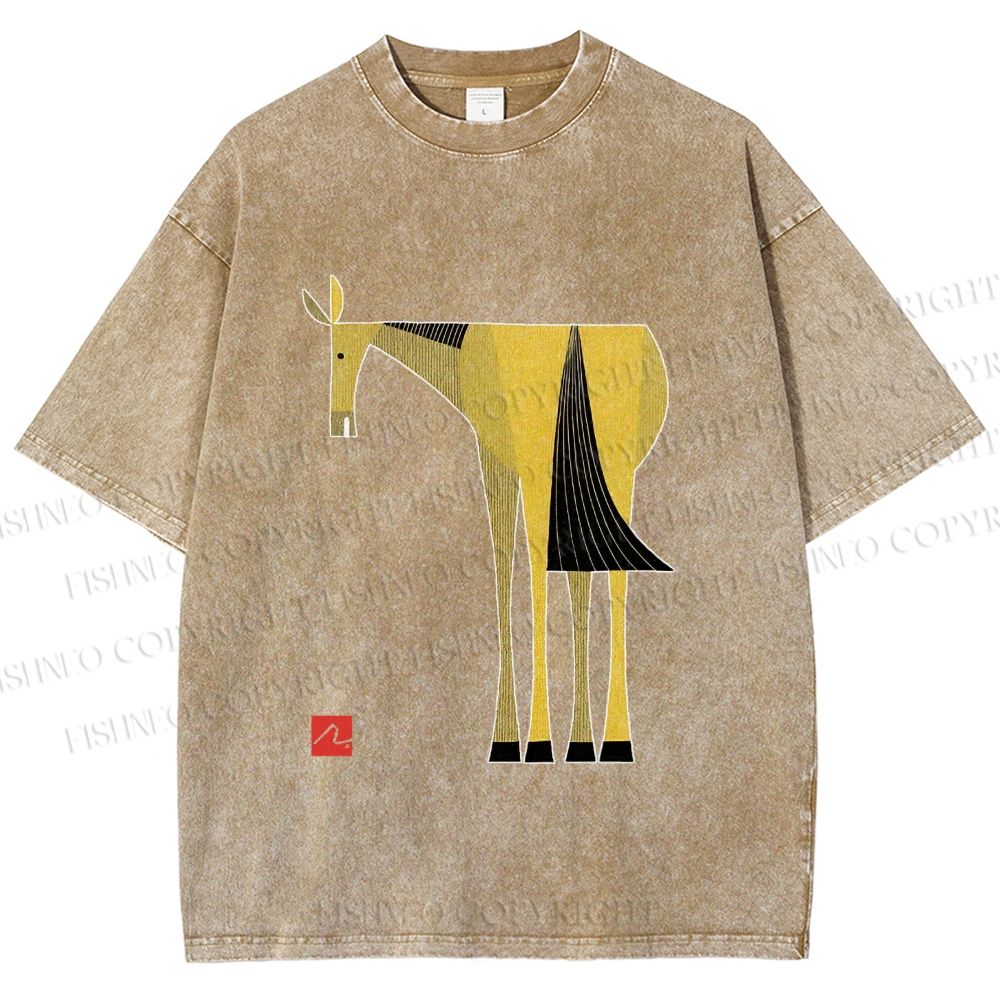 Unisex Yellow Horse Printed Washed Tee