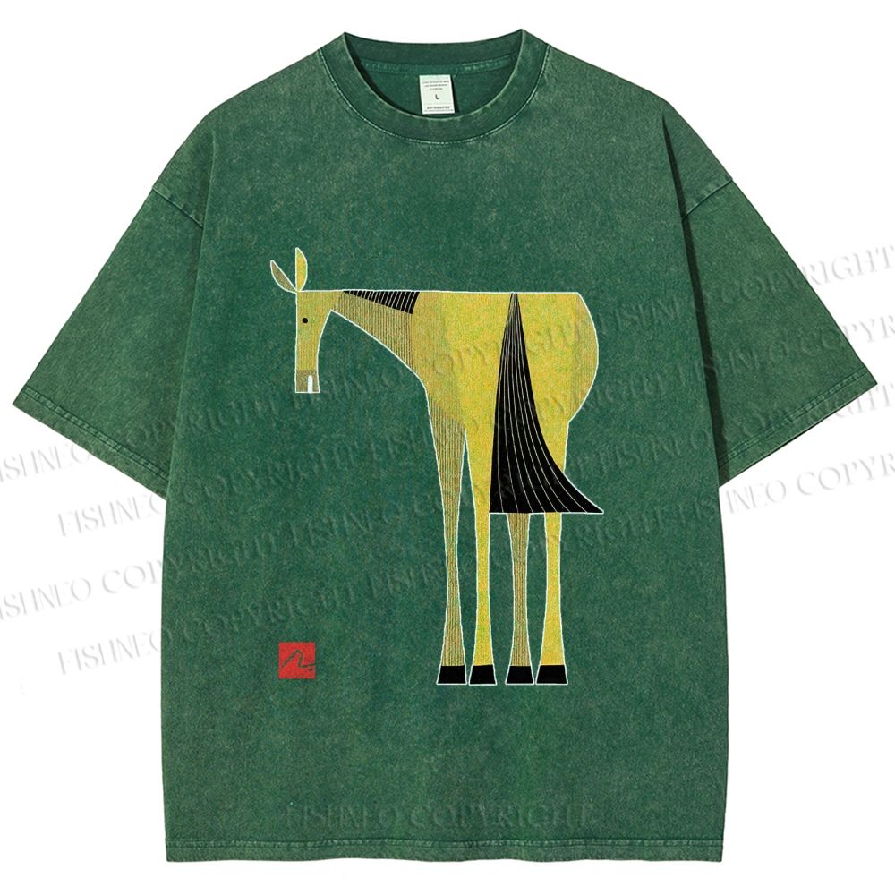 Unisex Yellow Horse Printed Washed Tee