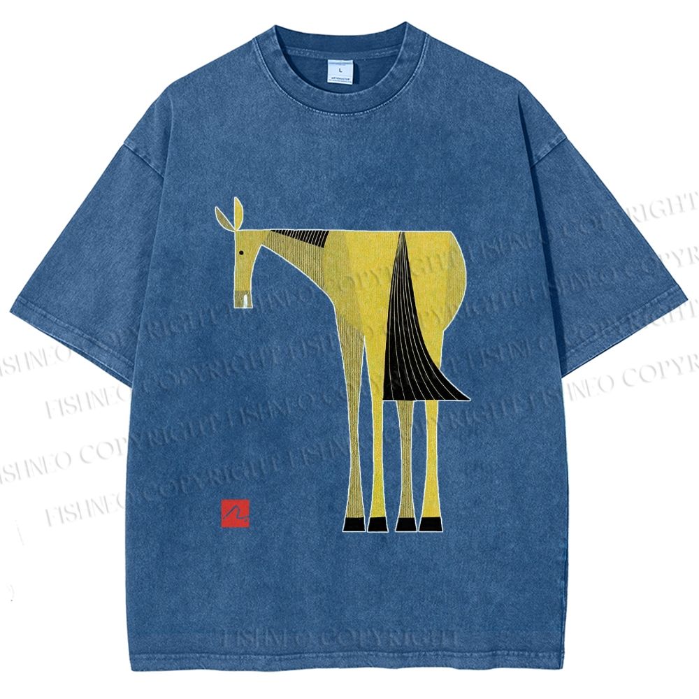 Unisex Yellow Horse Printed Washed Tee