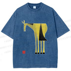 Unisex Yellow Horse Printed Washed Tee