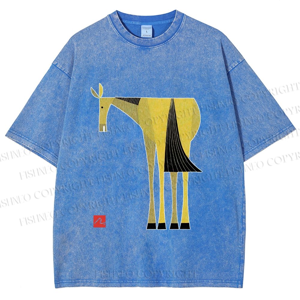Unisex Yellow Horse Printed Washed Tee