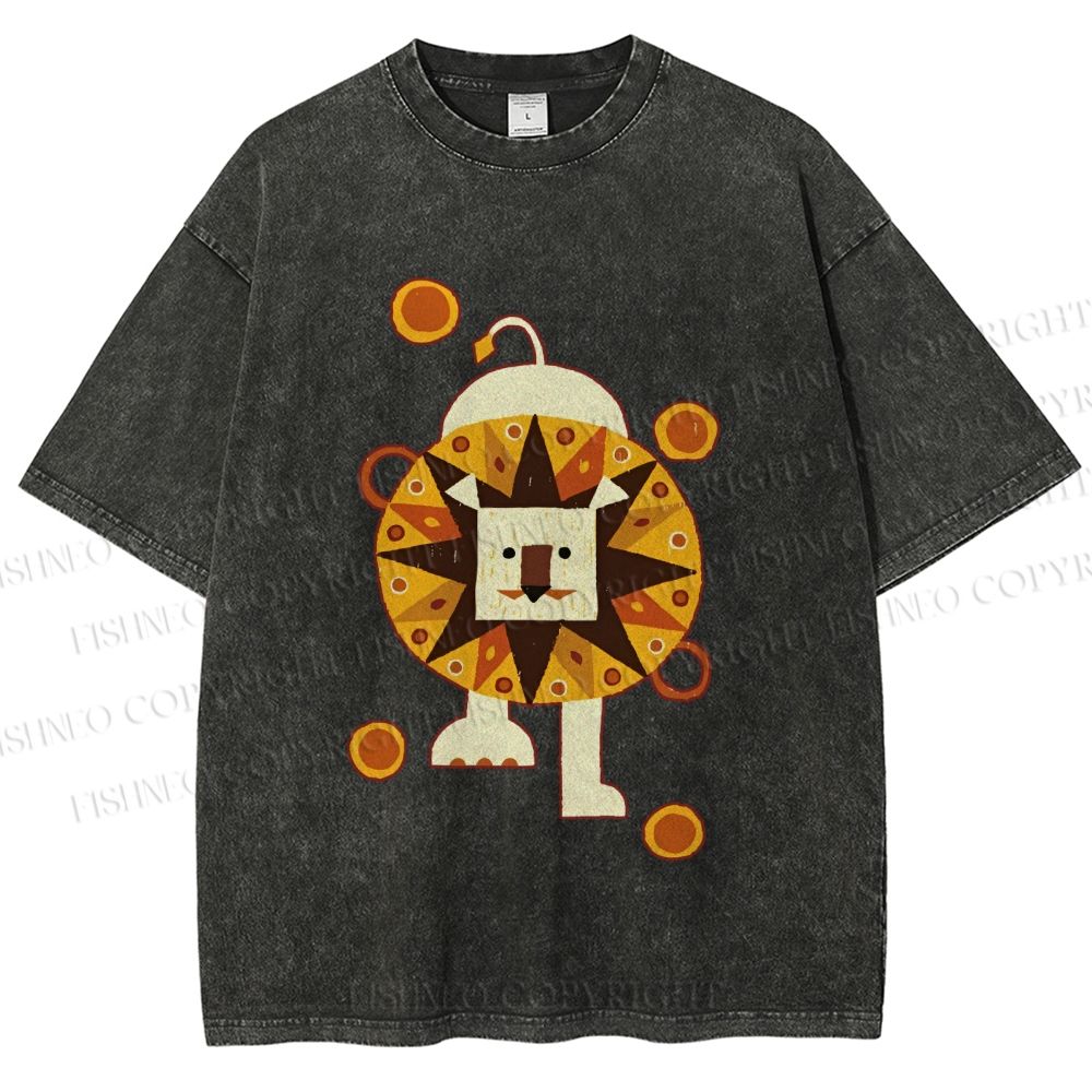 Unisex Cute Lion Printed Washed Tee