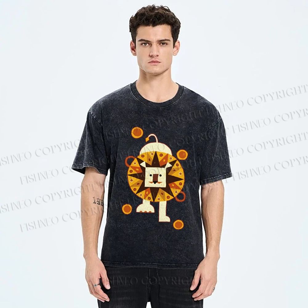 Unisex Cute Lion Printed Washed Tee