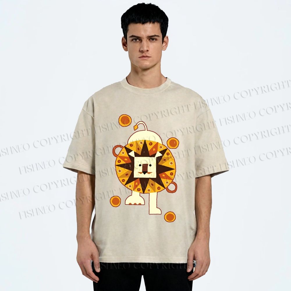 Unisex Cute Lion Printed Washed Tee