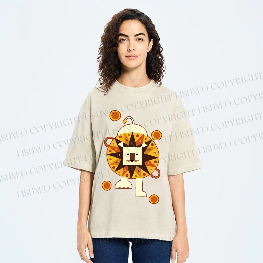 Unisex Cute Lion Printed Washed Tee