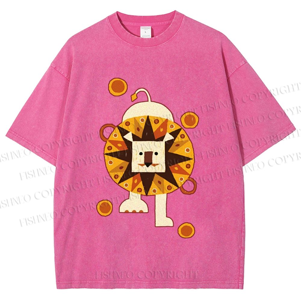 Unisex Cute Lion Printed Washed Tee