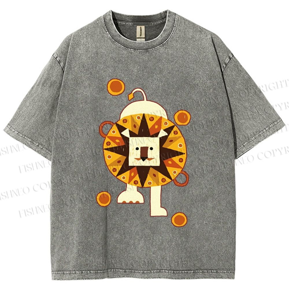 Unisex Cute Lion Printed Washed Tee