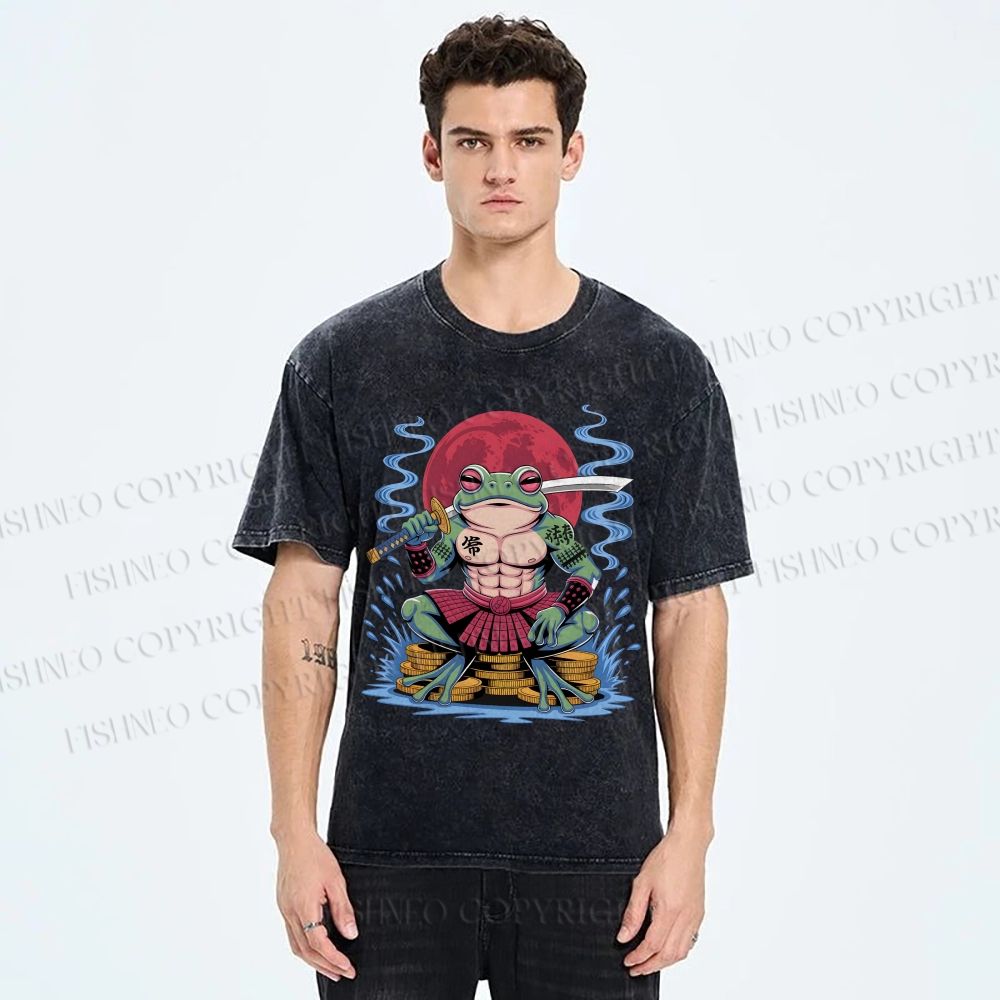 Unisex Samurai Frog Printed Washed Tee