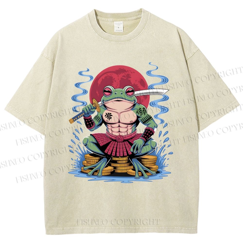 Unisex Samurai Frog Printed Washed Tee