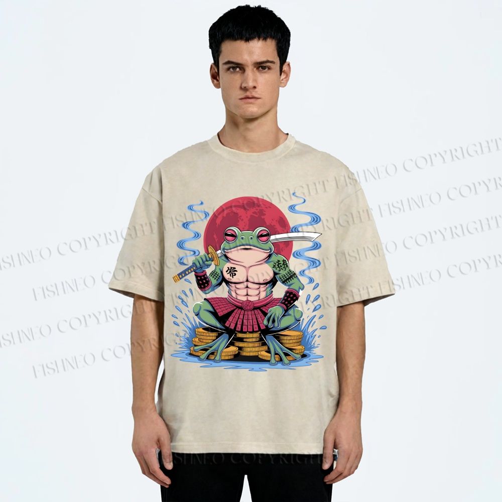 Unisex Samurai Frog Printed Washed Tee