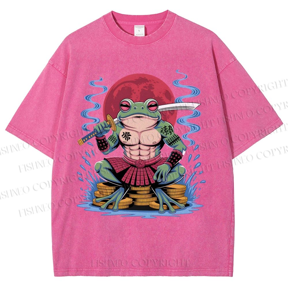 Unisex Samurai Frog Printed Washed Tee