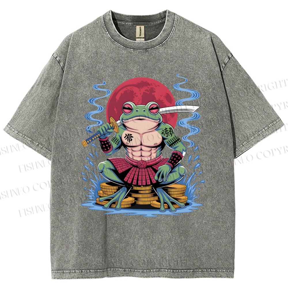 Unisex Samurai Frog Printed Washed Tee