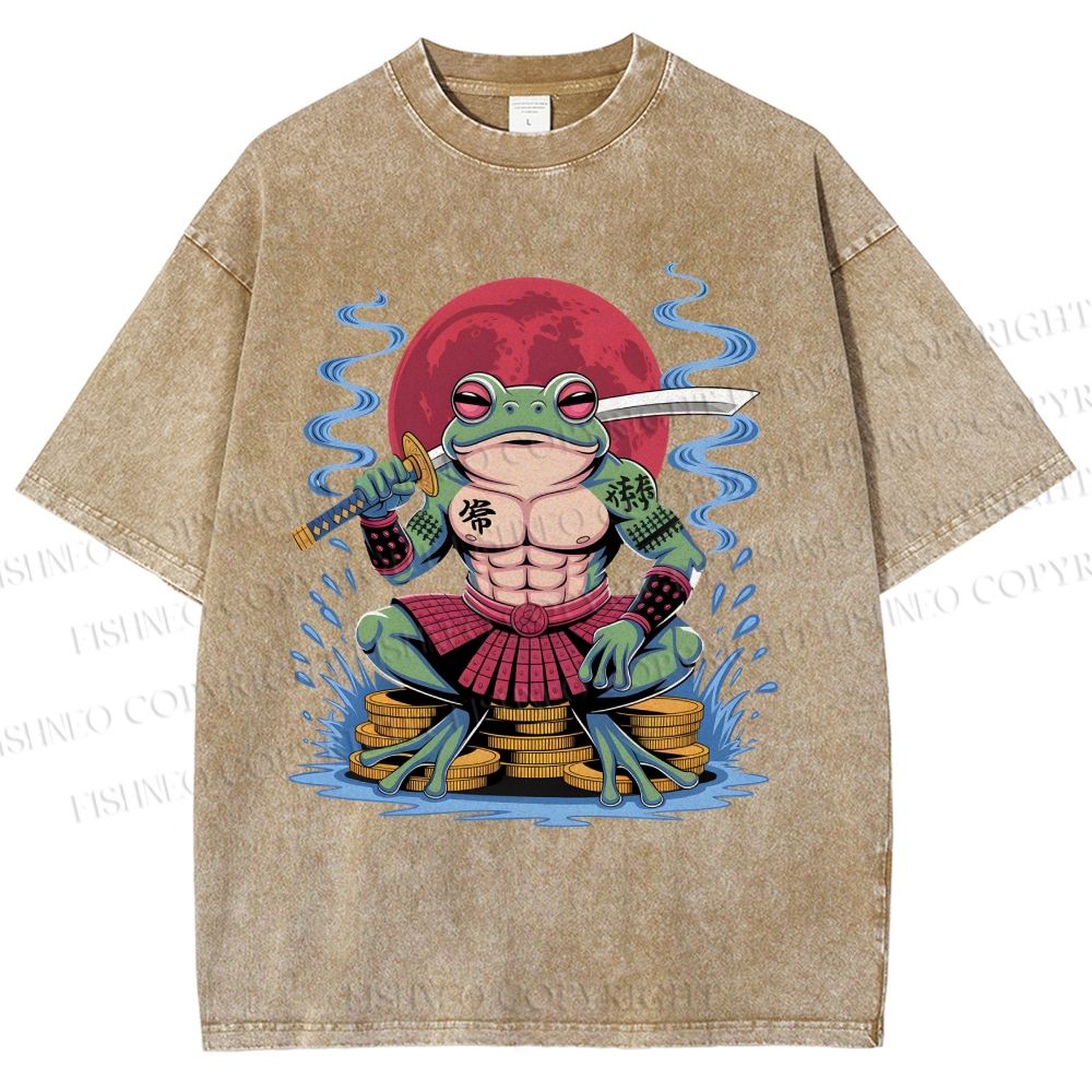 Unisex Samurai Frog Printed Washed Tee
