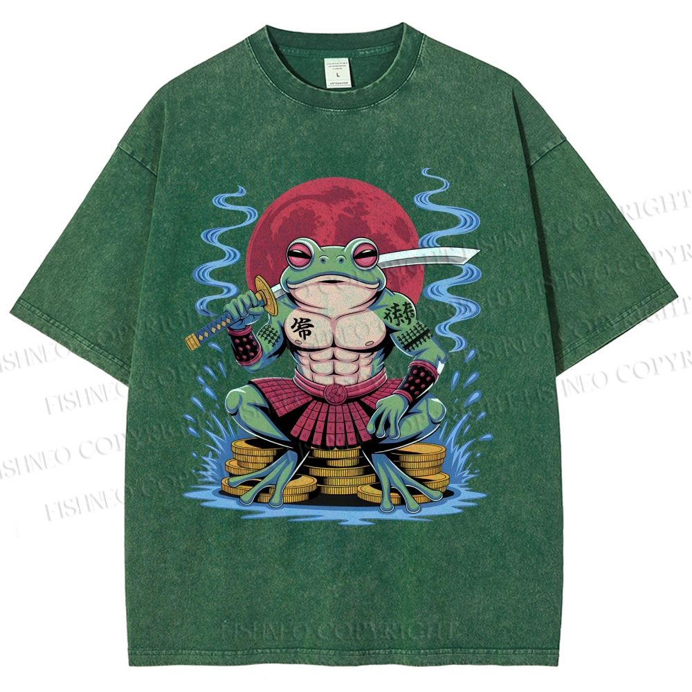 Unisex Samurai Frog Printed Washed Tee