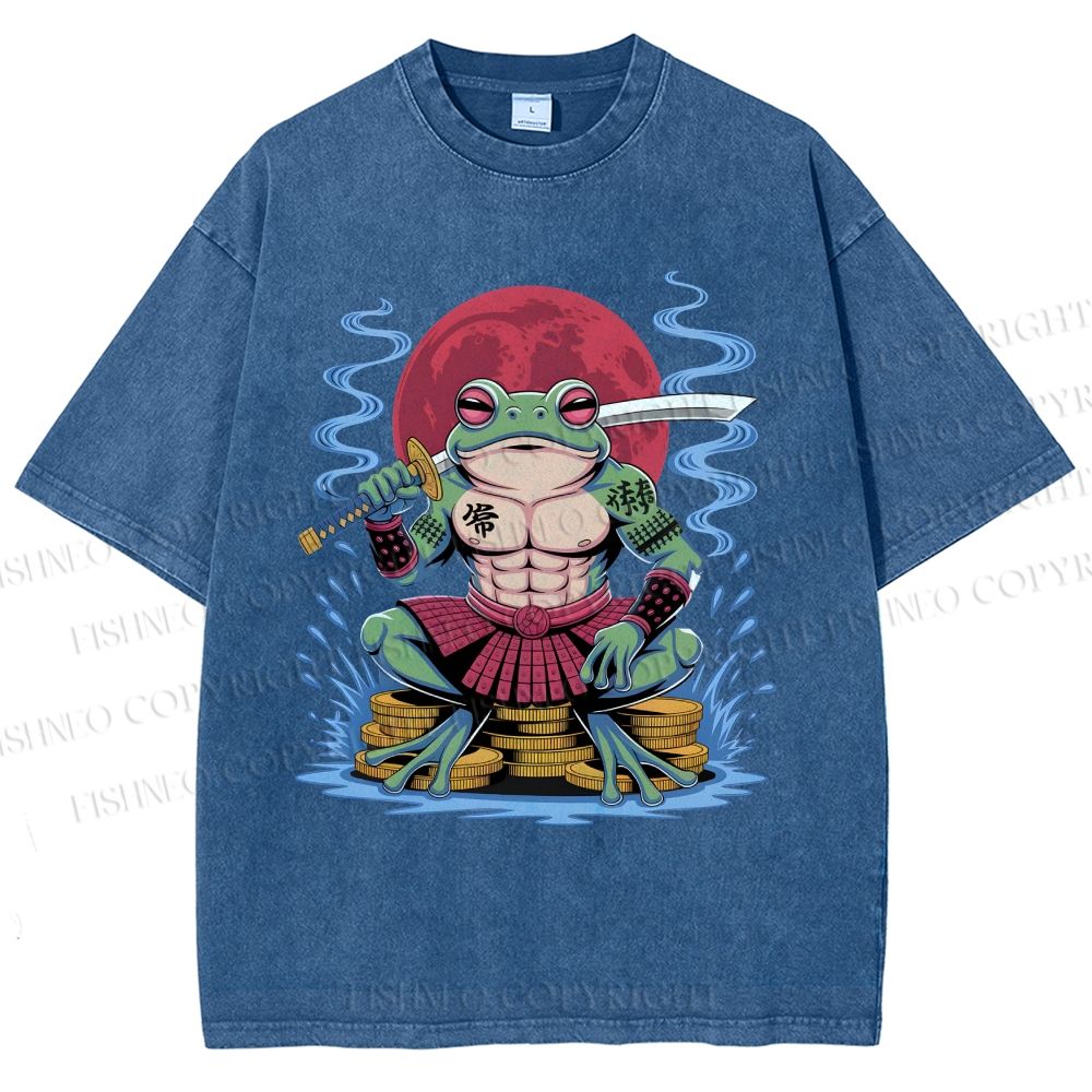 Unisex Samurai Frog Printed Washed Tee