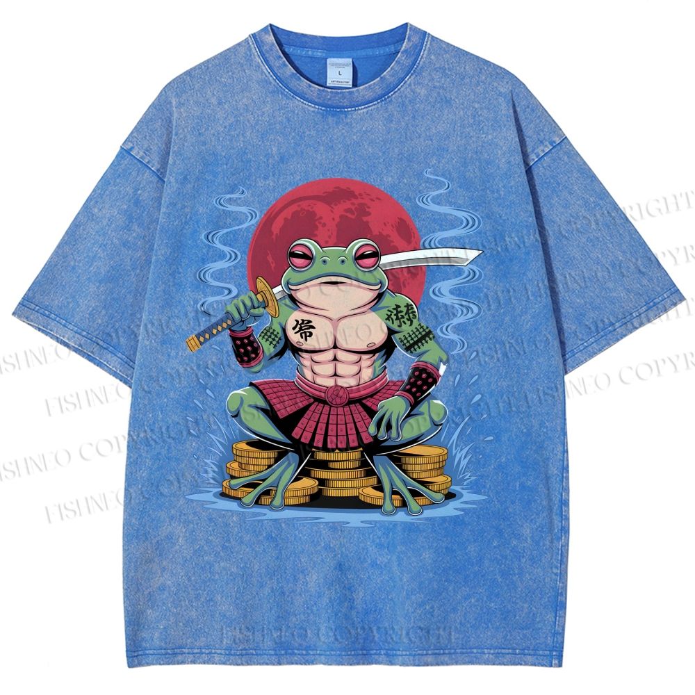 Unisex Samurai Frog Printed Washed Tee