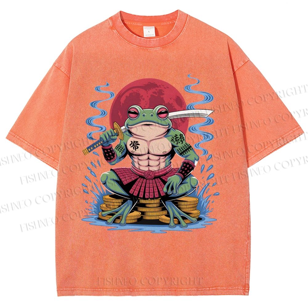 Unisex Samurai Frog Printed Washed Tee