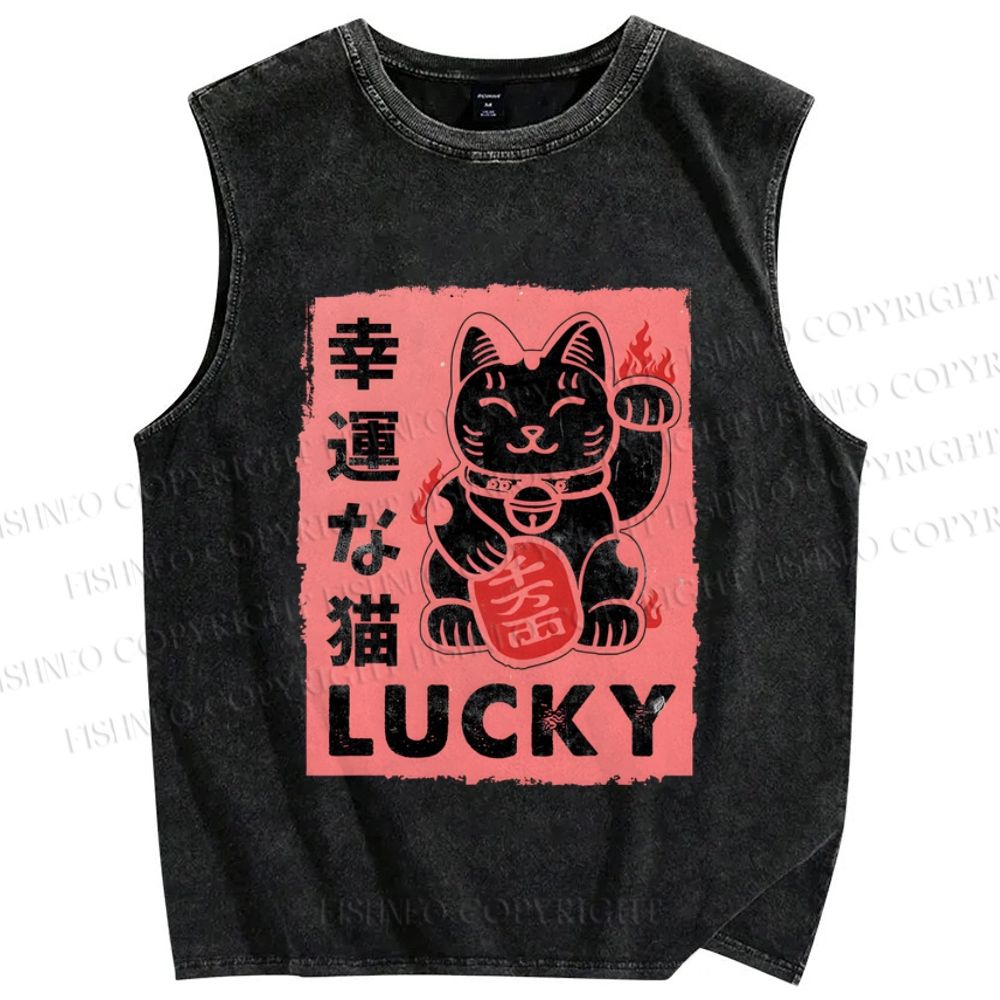 Unisex Lucky Cat Printed Washed Tank Top