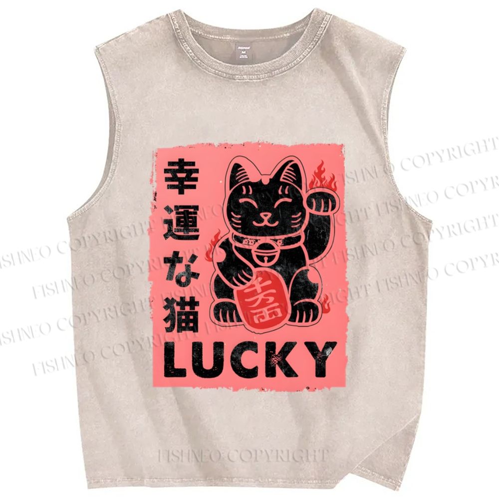 Unisex Lucky Cat Printed Washed Tank Top