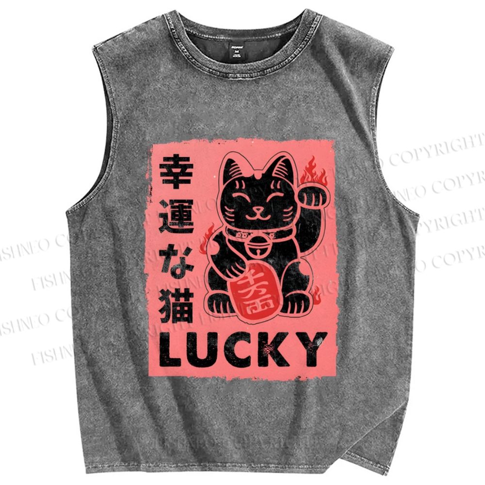 Unisex Lucky Cat Printed Washed Tank Top