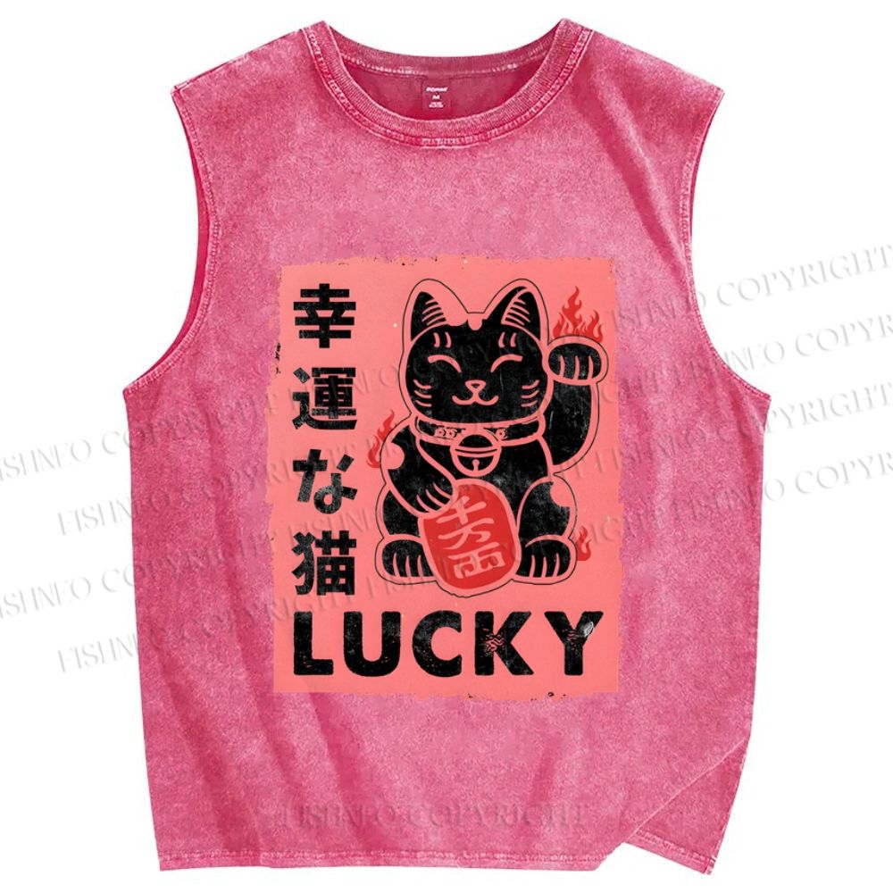 Unisex Lucky Cat Printed Washed Tank Top