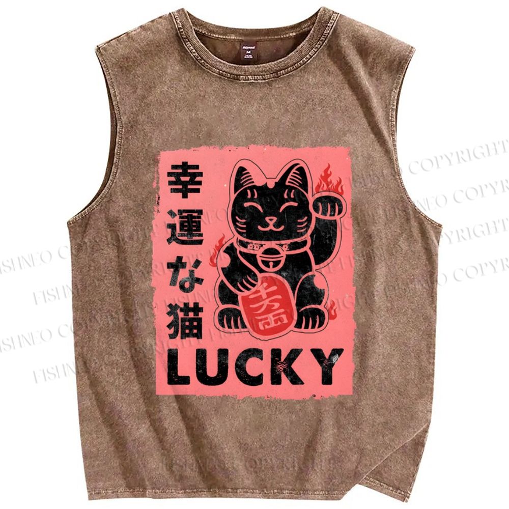 Unisex Lucky Cat Printed Washed Tank Top