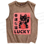 Unisex Lucky Cat Printed Washed Tank Top