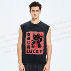 Unisex Lucky Cat Printed Washed Tank Top