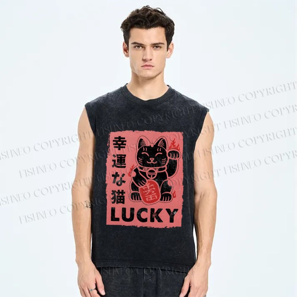 Unisex Lucky Cat Printed Washed Tank Top