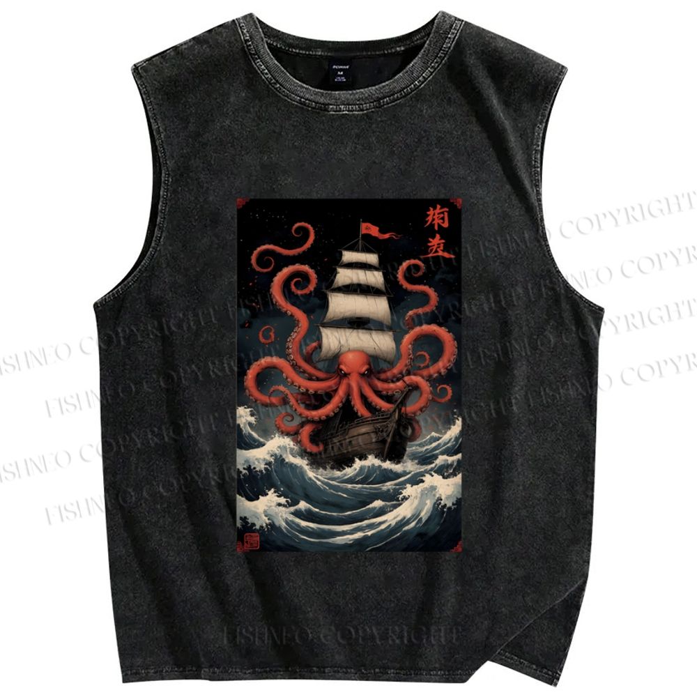 Unisex Kraken Octopus Sailboat Printed Washed Tank Top