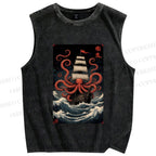Unisex Kraken Octopus Sailboat Printed Washed Tank Top
