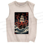 Unisex Kraken Octopus Sailboat Printed Washed Tank Top