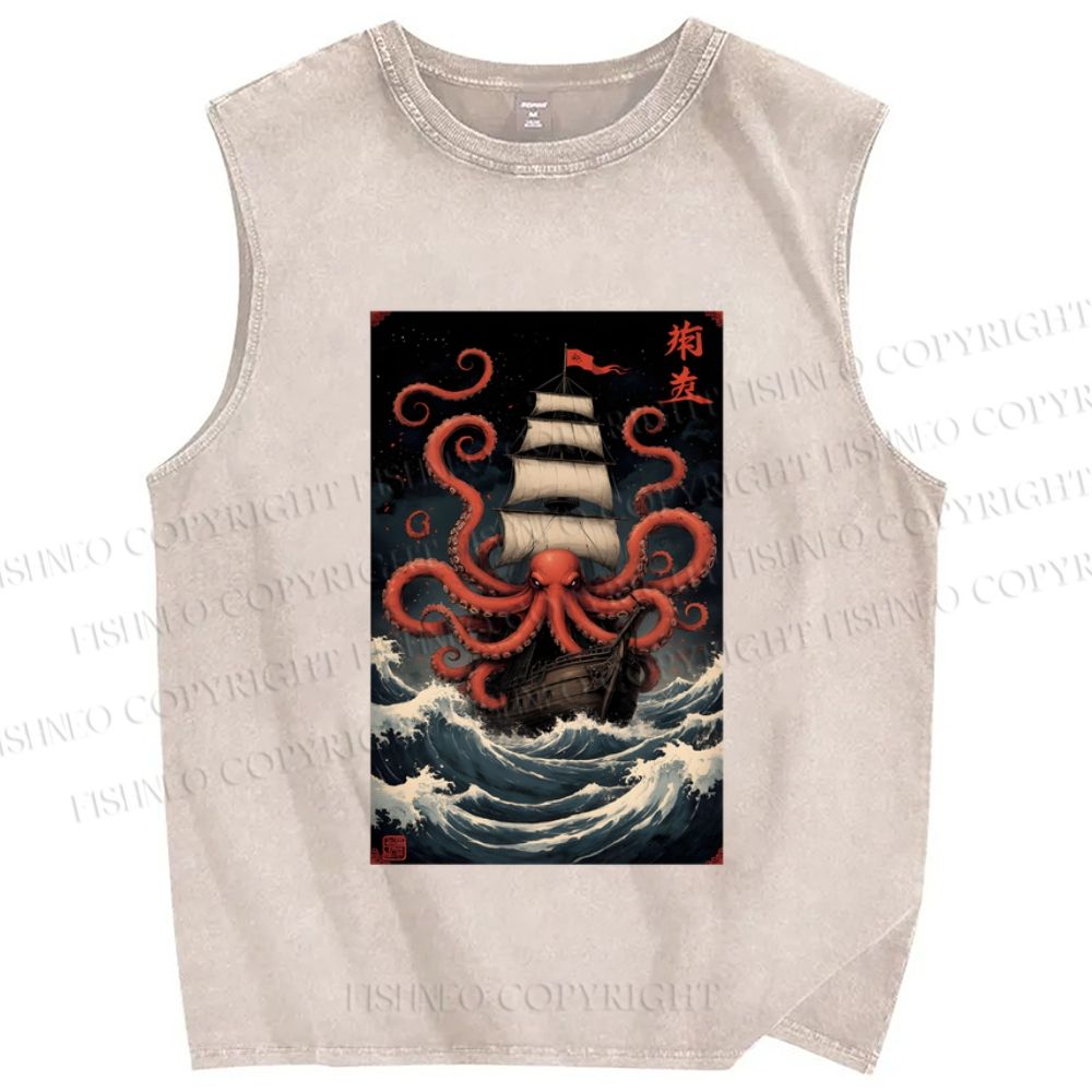 Unisex Kraken Octopus Sailboat Printed Washed Tank Top
