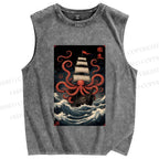 Unisex Kraken Octopus Sailboat Printed Washed Tank Top