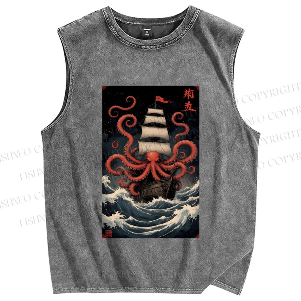 Unisex Kraken Octopus Sailboat Printed Washed Tank Top