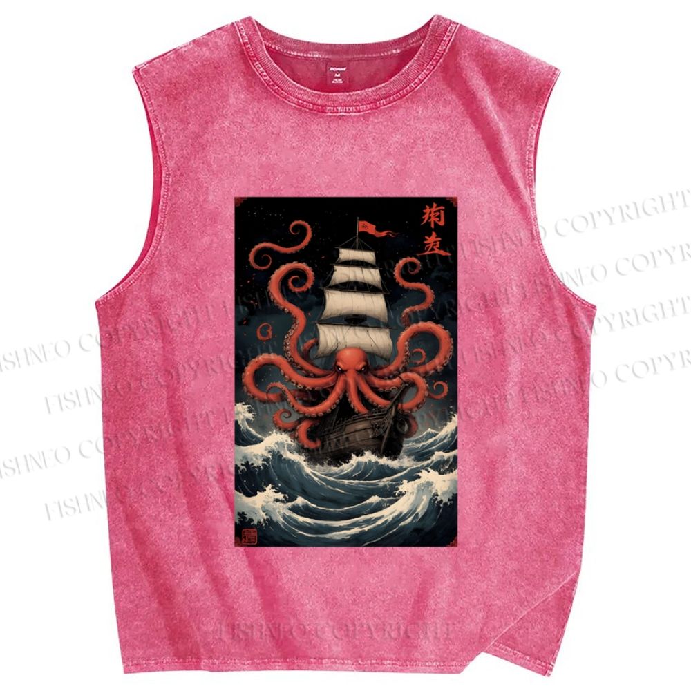 Unisex Kraken Octopus Sailboat Printed Washed Tank Top