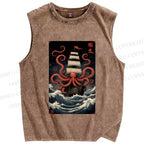 Unisex Kraken Octopus Sailboat Printed Washed Tank Top