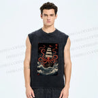 Unisex Kraken Octopus Sailboat Printed Washed Tank Top