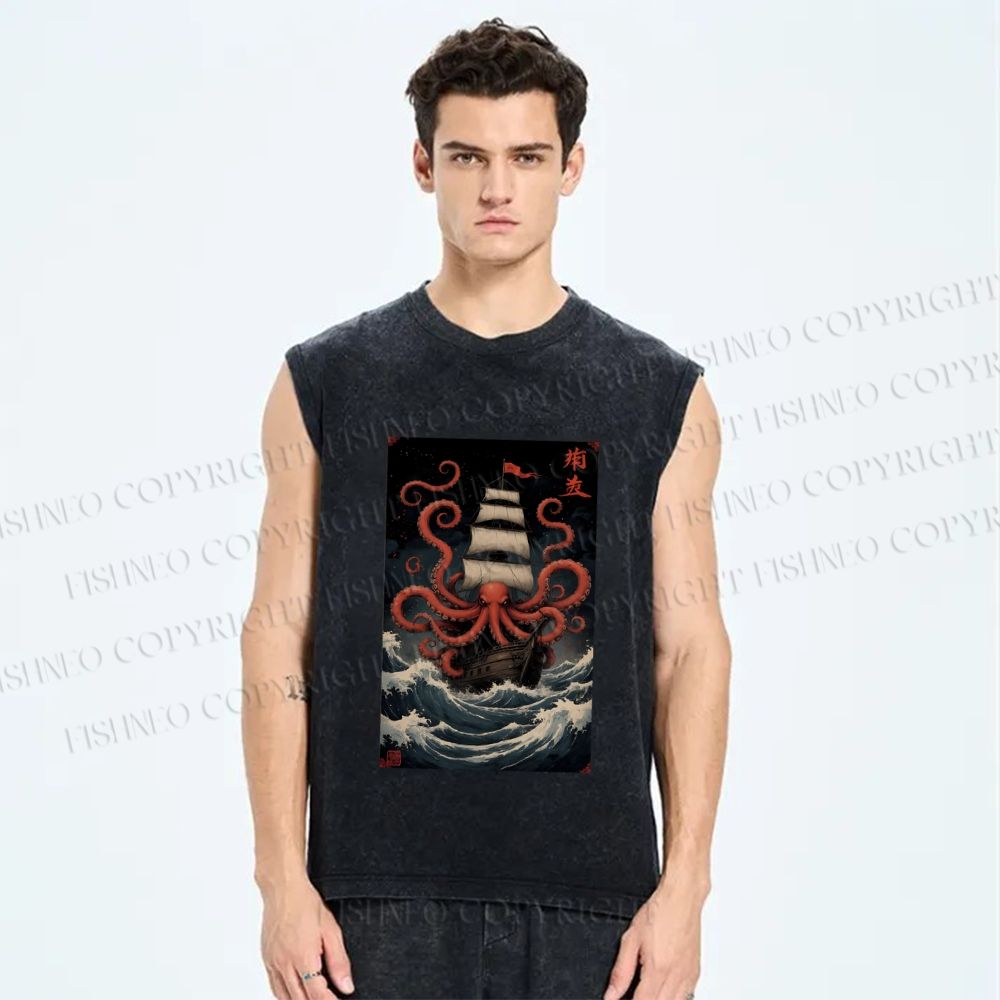 Unisex Kraken Octopus Sailboat Printed Washed Tank Top