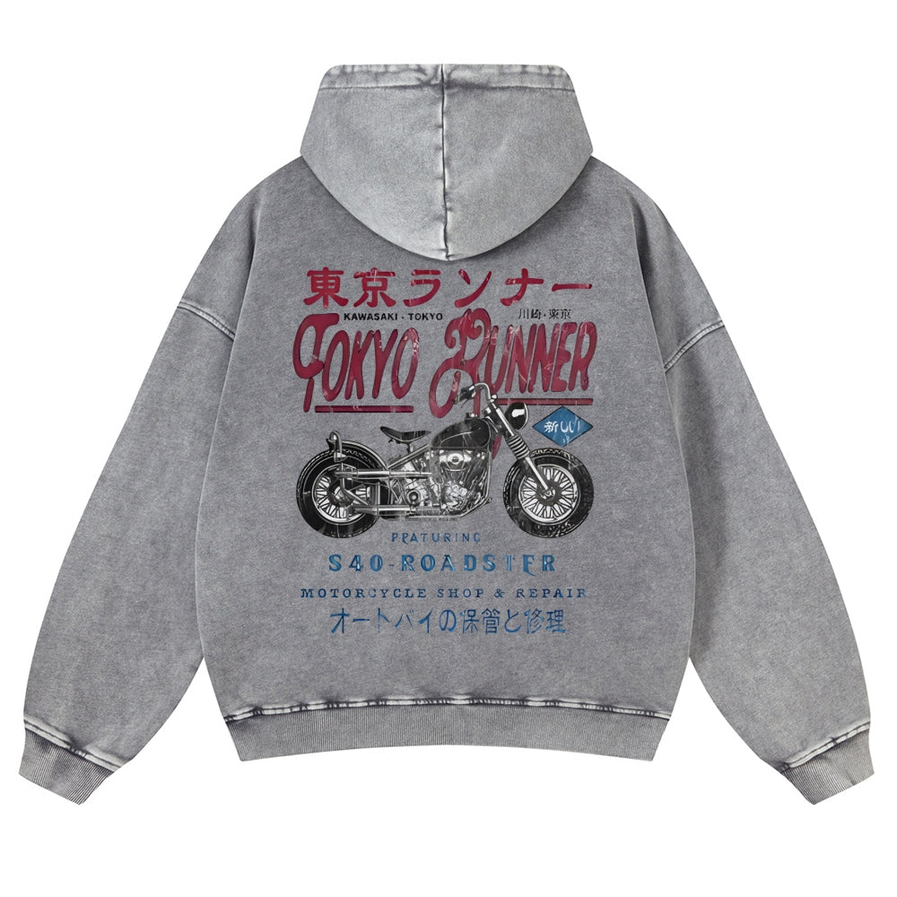 Kawasaki Motorcycle Bike Vintage Washed Cotton Back Art Hoodie