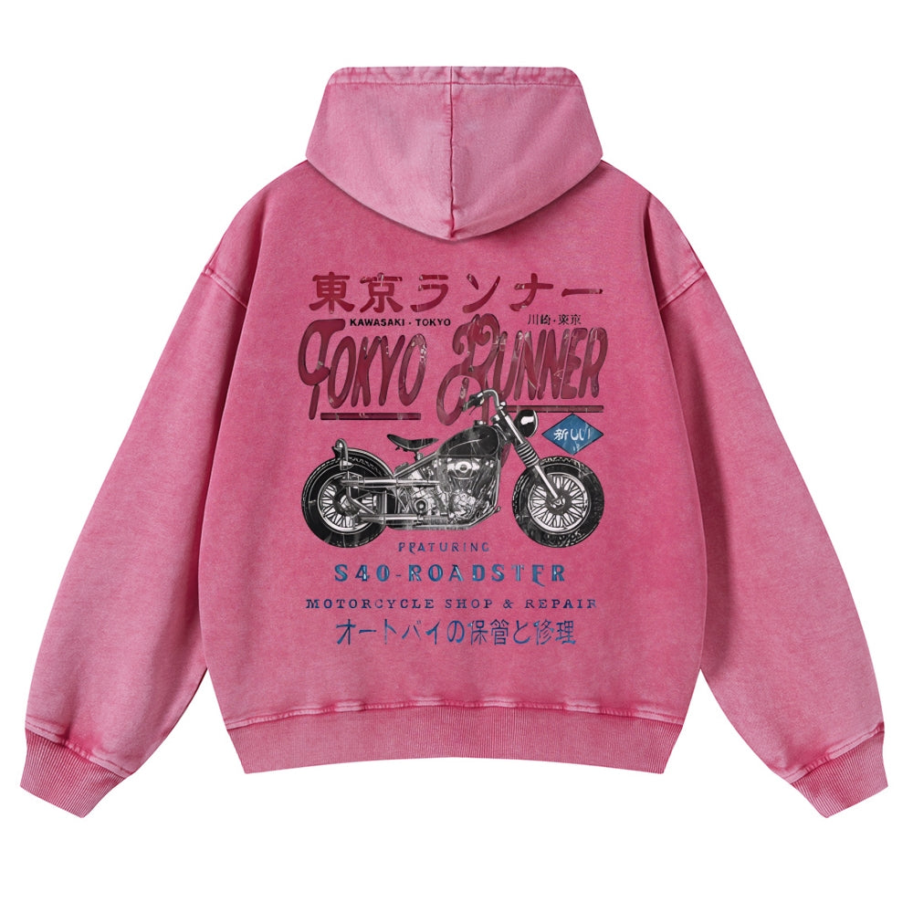 Kawasaki Motorcycle Bike Vintage Washed Cotton Back Art Hoodie