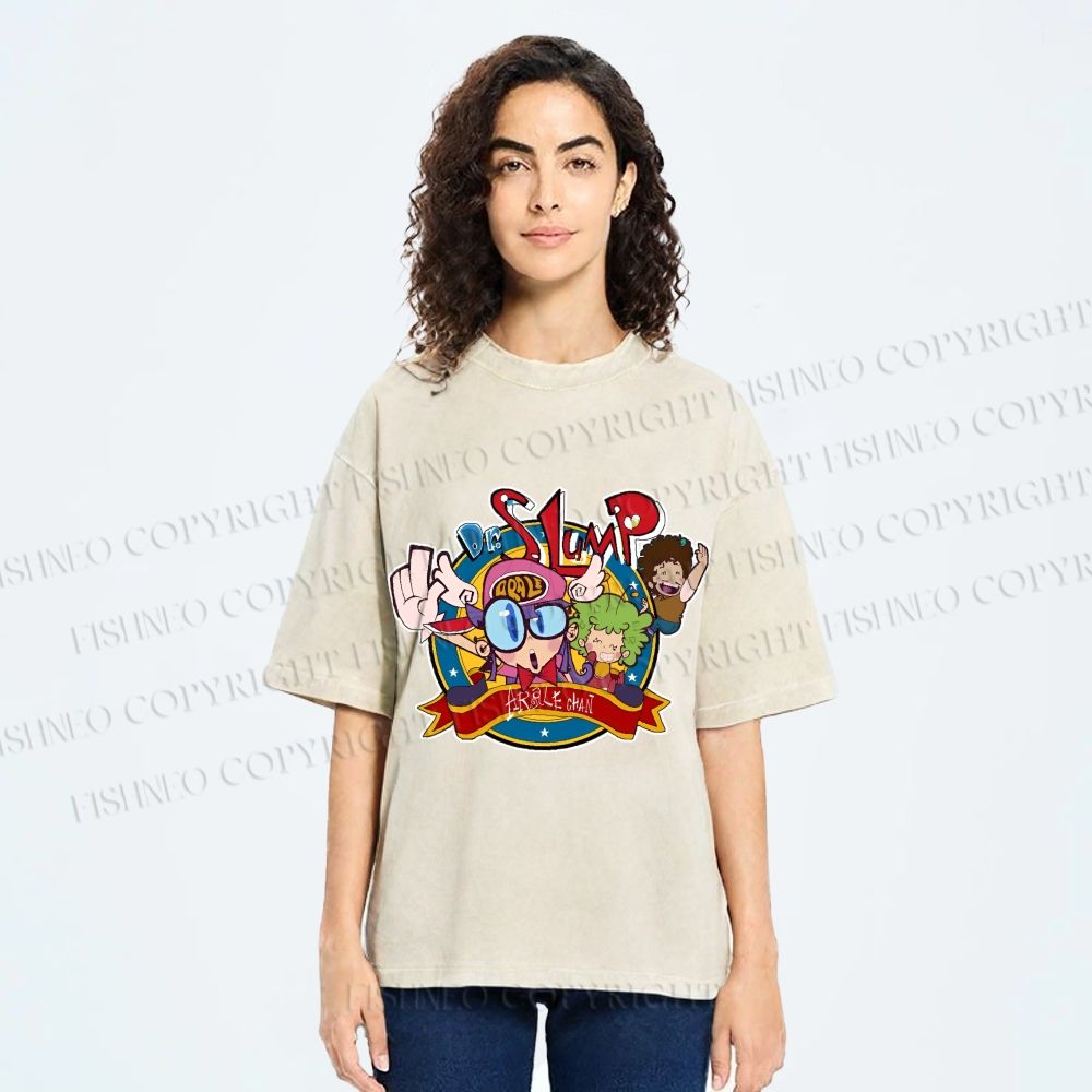 Unisex Arale Norimaki Graffiti Printed Washed Tee