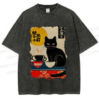Unisex Vintage Japanese Black Cat Printed Washed Tee