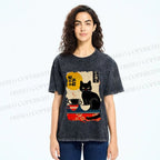 Unisex Vintage Japanese Black Cat Printed Washed Tee