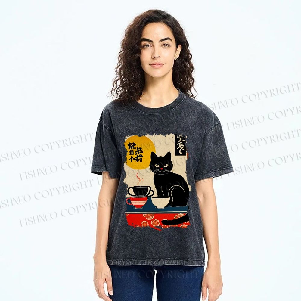 Unisex Vintage Japanese Black Cat Printed Washed Tee