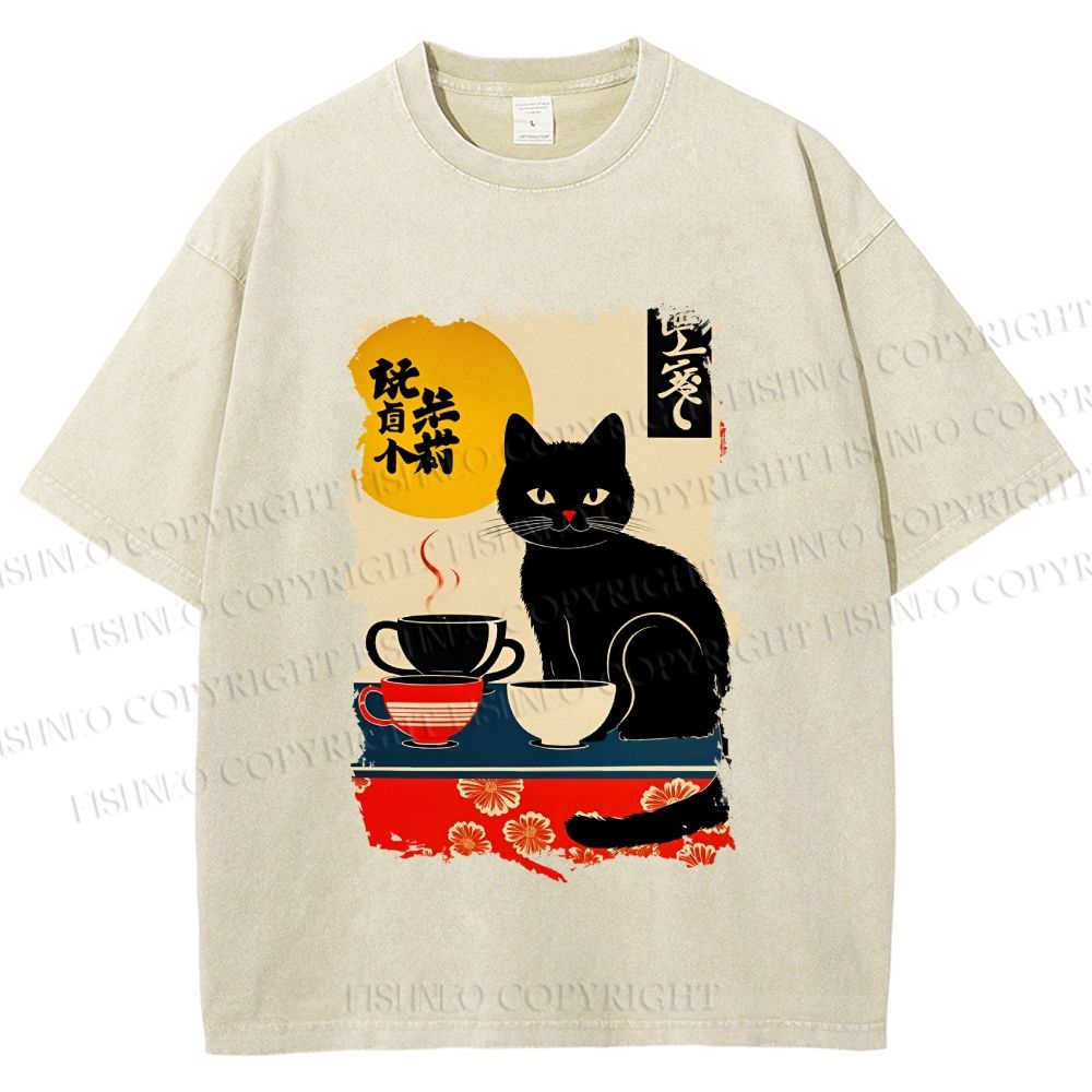 Unisex Vintage Japanese Black Cat Printed Washed Tee