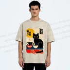 Unisex Vintage Japanese Black Cat Printed Washed Tee