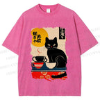 Unisex Vintage Japanese Black Cat Printed Washed Tee